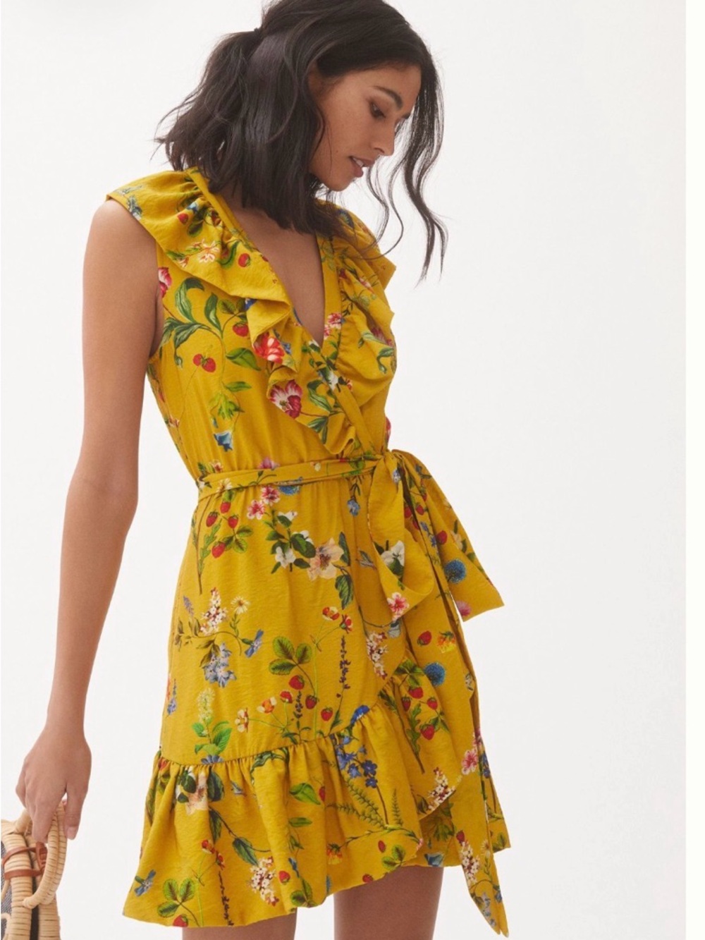 Maeve by Anthropologie Mustard Yellow Floral Ruffle Wrap Mini Dress